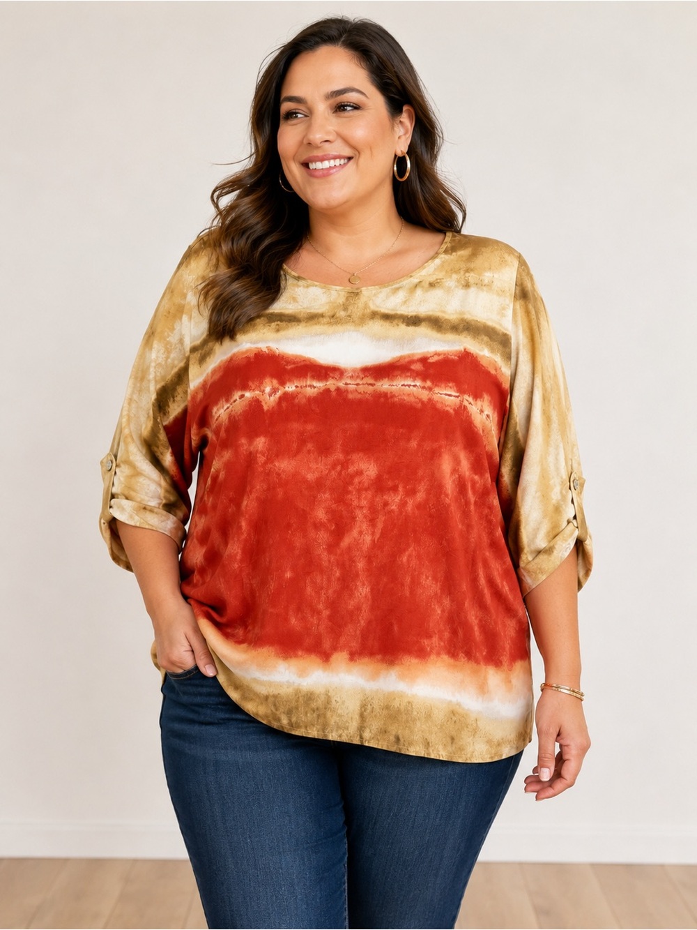 Chico's Rust and Gold Tie-Dye Tunic Top XL